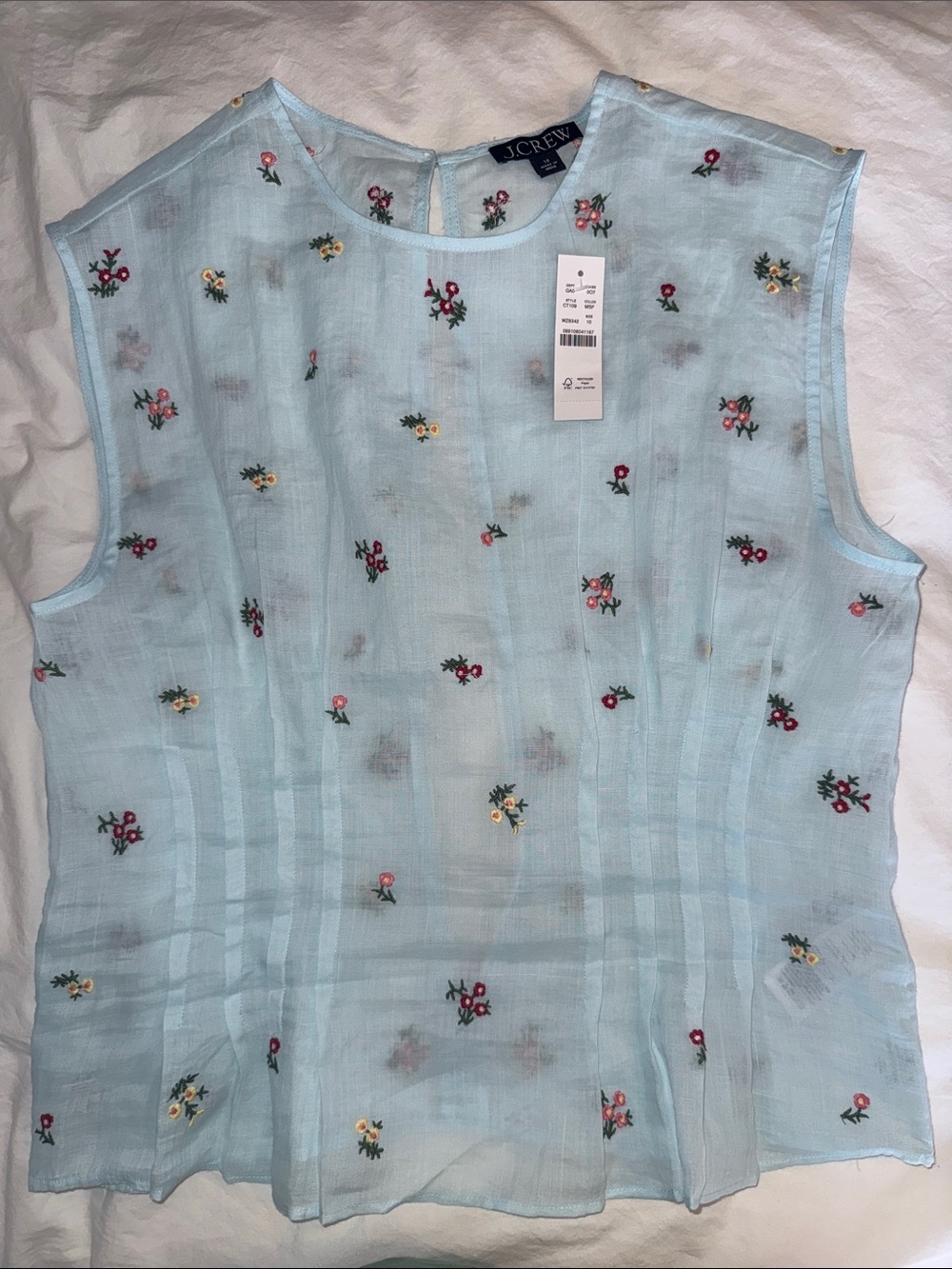 J. Crew Pale Blue Ramie Floral Embroidered Sleeveless Shell